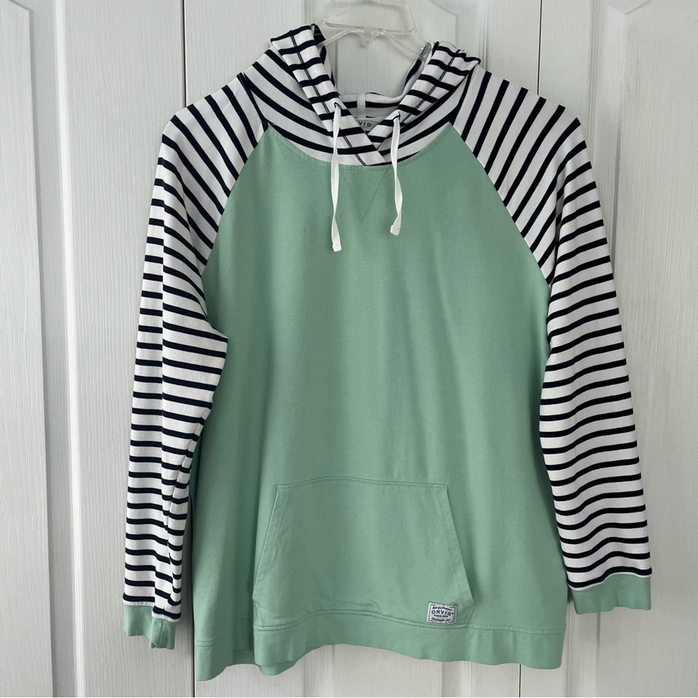 Women’s Orvis Hooded Top XXL Mint/ Navy & White Stripes Drawstring Pouch